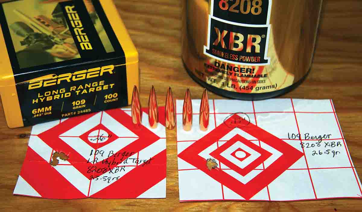 Berger’s 109-gain Long Range Hybrid Target bullet produced the tightest groups of the bolt-rifle test – .26- and .13-inch groups using 25.5 and 26.5 grains of IMR-8280 XBR.